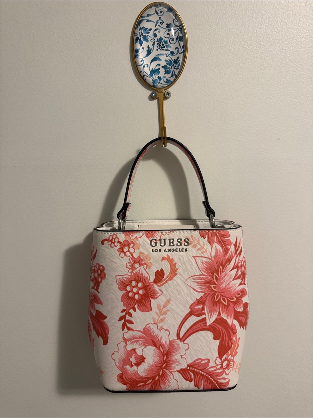 GUESS Coral Floral Top-Handle Tote in White and Coral